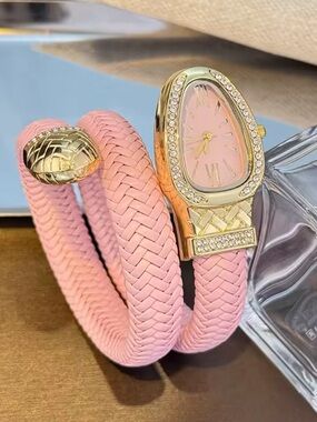 Serpentine Anthropologie Pink Braided Wrap Watch with Gold Crystal-Trim